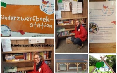 Kinderzwerfboekstation op Camping De Lage Werf.